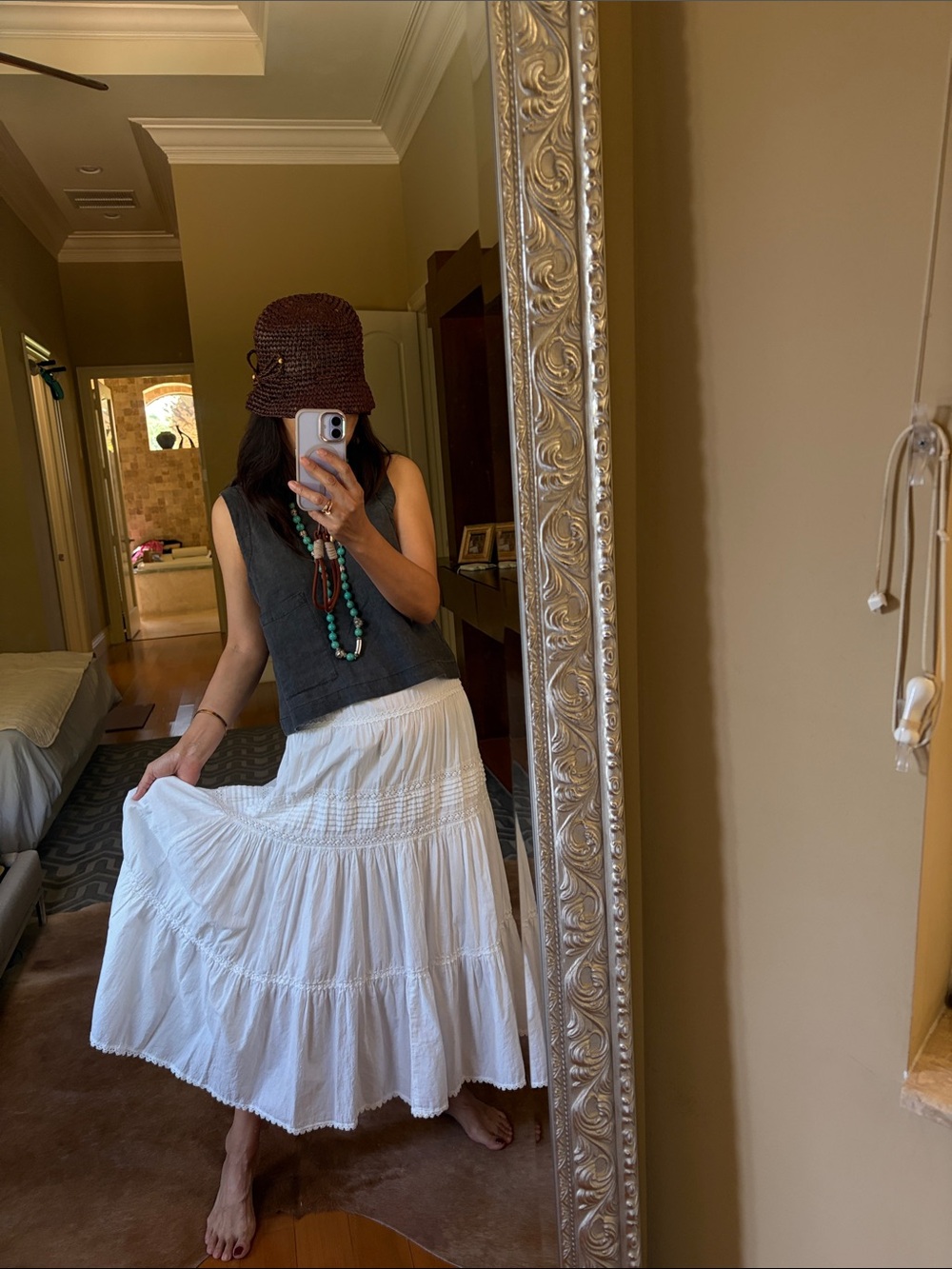 Karen Kane White Tiered Maxi Skirt with Boho Flair